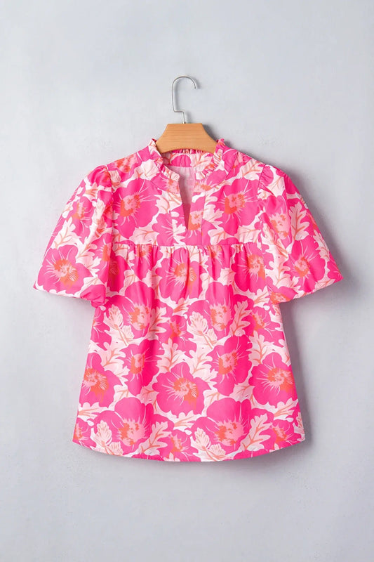 Pink Short Bubble Sleeve Summer Floral Blouse - Sweet Fashion Wholesale