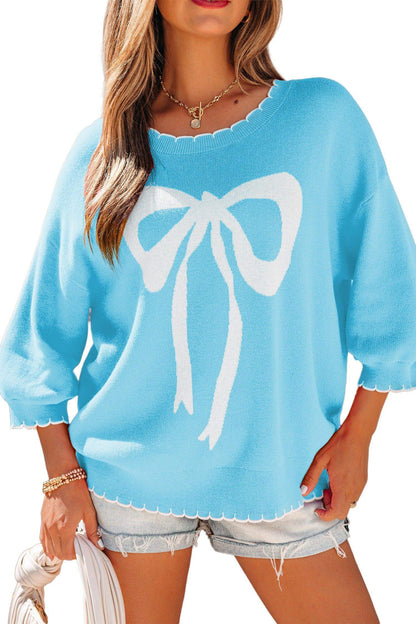 Light Blue Big Ribbon Bow Print Contrast Stitch Trim Drop Shoulder Sweater - Sweet Fashion Wholesale