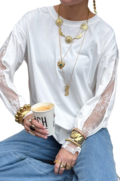 White Lace Patchwork Round Neck Casual Long Sleeve Top