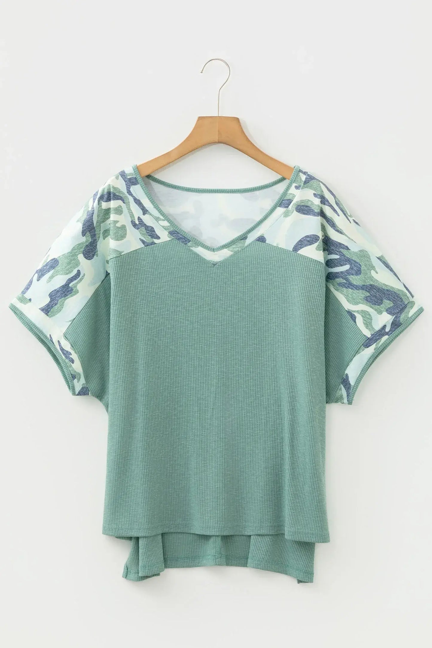 Mist Green Ribbed Camouflage Patchwork Plus Size V Neck Tee - Sweet Fashion Wholesale