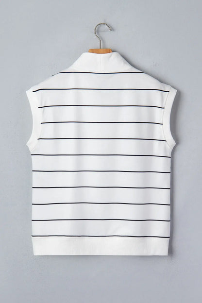 White Stripe Color Block Zip V Neck Sleeveless Top - Sweet Fashion Wholesale