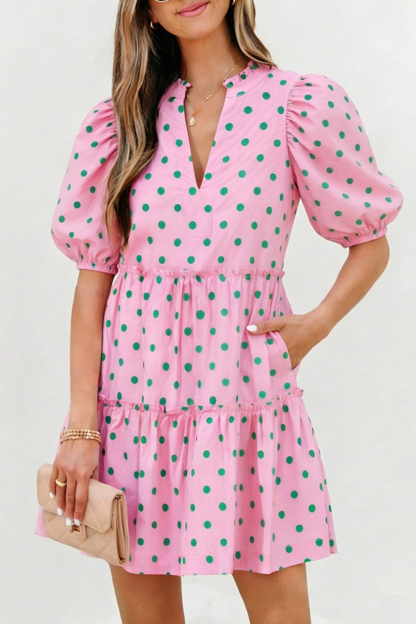 Pink Polka Dot Print V Neck Short Sleeve Tiered Mini Dress