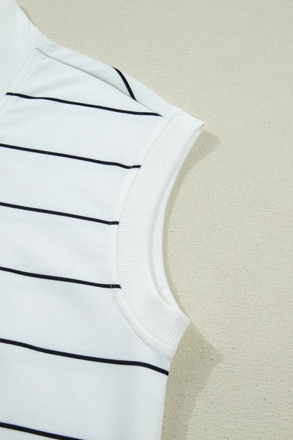 White Stripe Color Block Zip V Neck Sleeveless Top - Sweet Fashion Wholesale