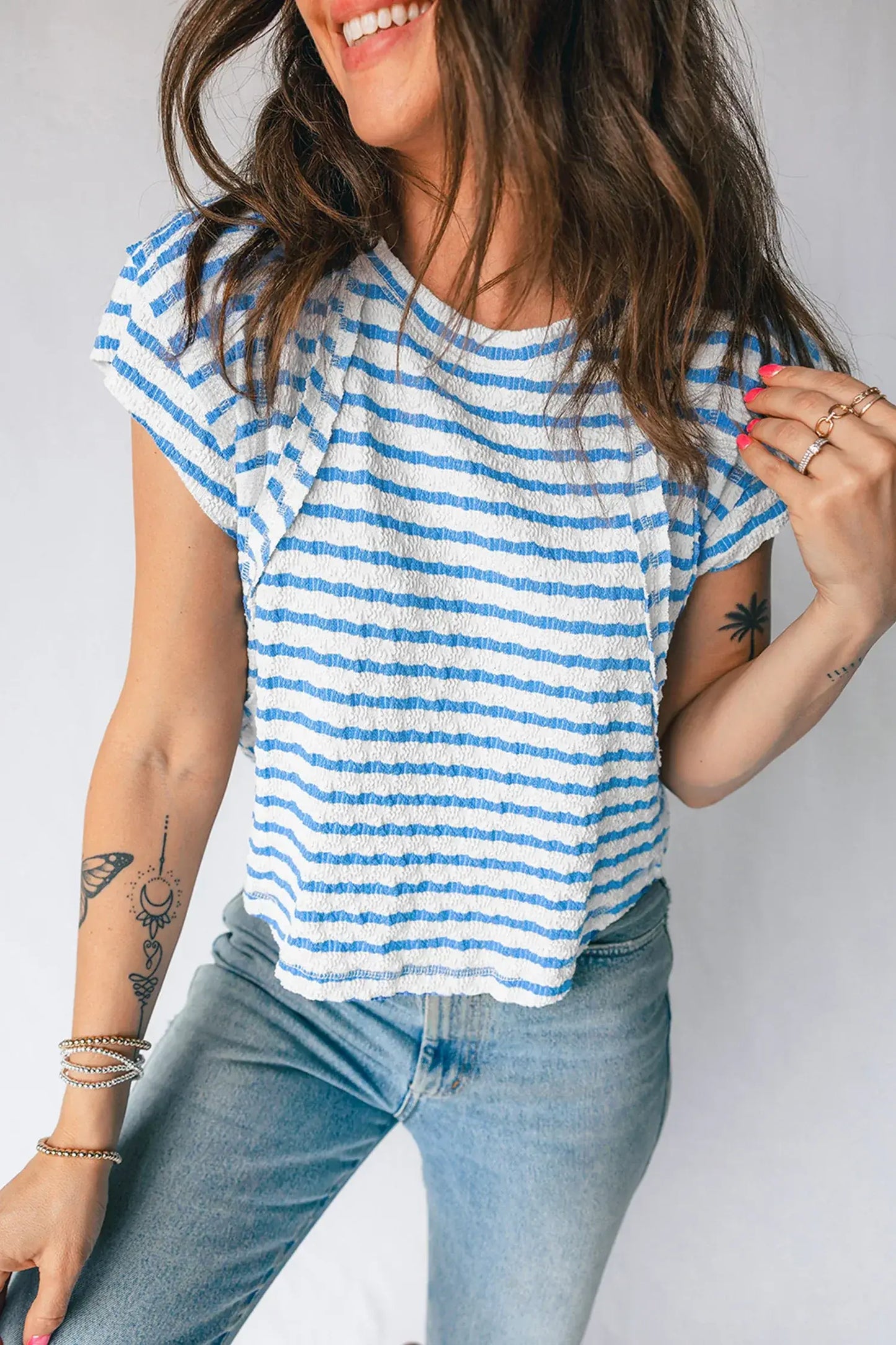 Blue Stripe Textured Short Sleeve Patchwork T Shirt - Sweet Fashion Wholesale