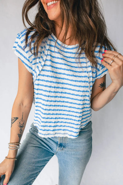 Blue Stripe Textured Short Sleeve Patchwork T Shirt - Sweet Fashion Wholesale