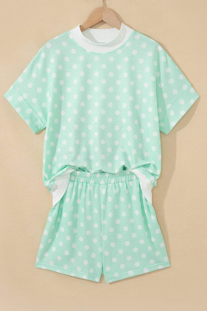 Green Polka Dot Print Color Block Trim Mock Neck Short Set