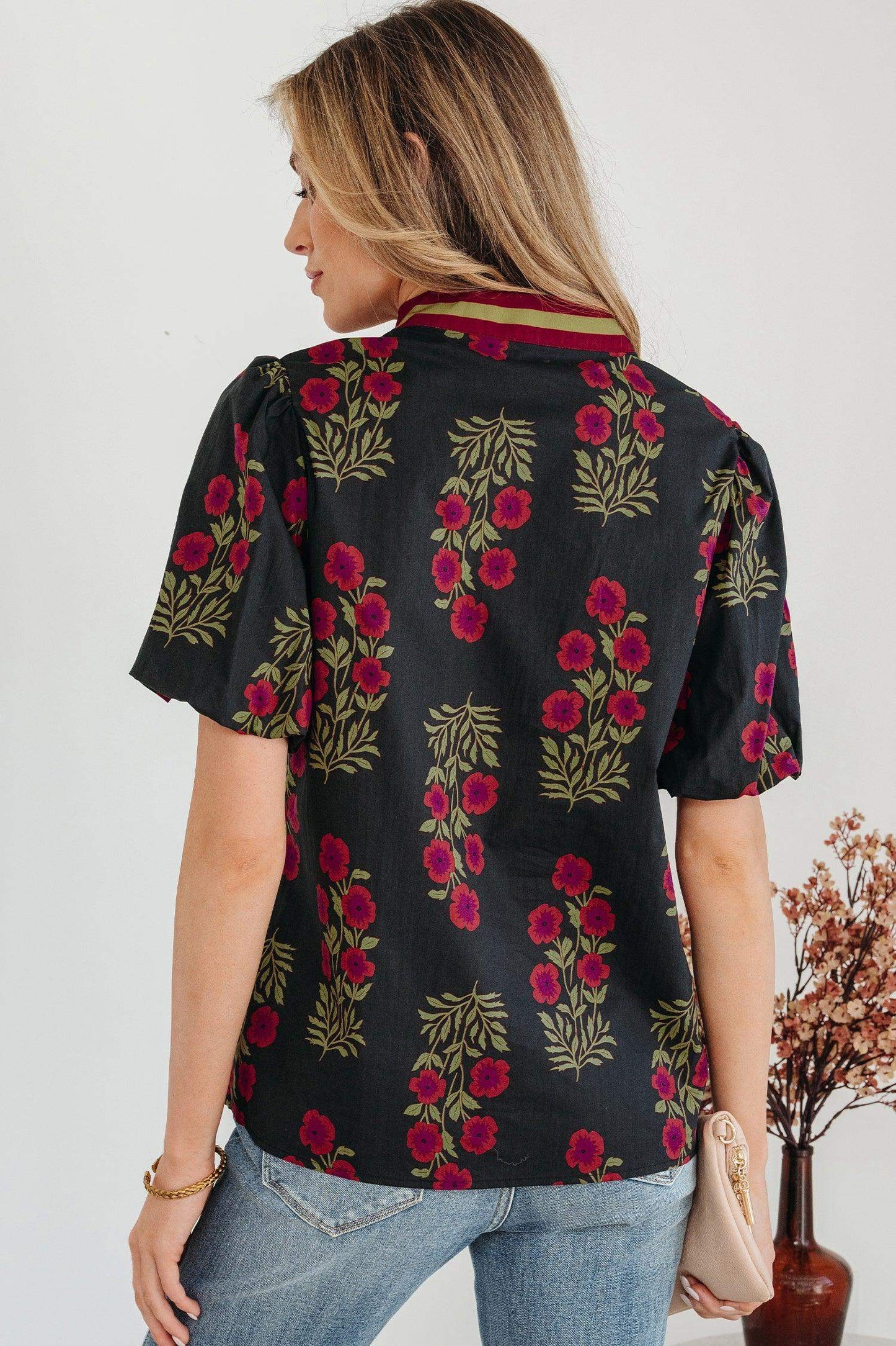 White Floral Short Bubble Sleeve Contrast Slit Neckline Blouse - Sweet Fashion Wholesale