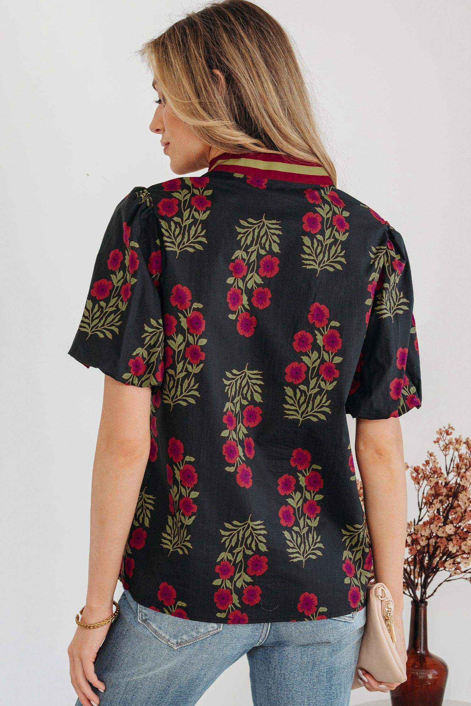 White Floral Short Bubble Sleeve Contrast Slit Neckline Blouse - Sweet Fashion Wholesale