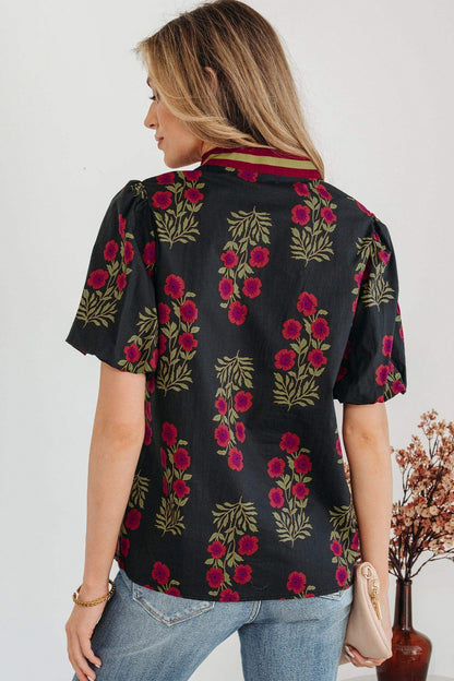 White Floral Short Bubble Sleeve Contrast Slit Neckline Blouse - Sweet Fashion Wholesale