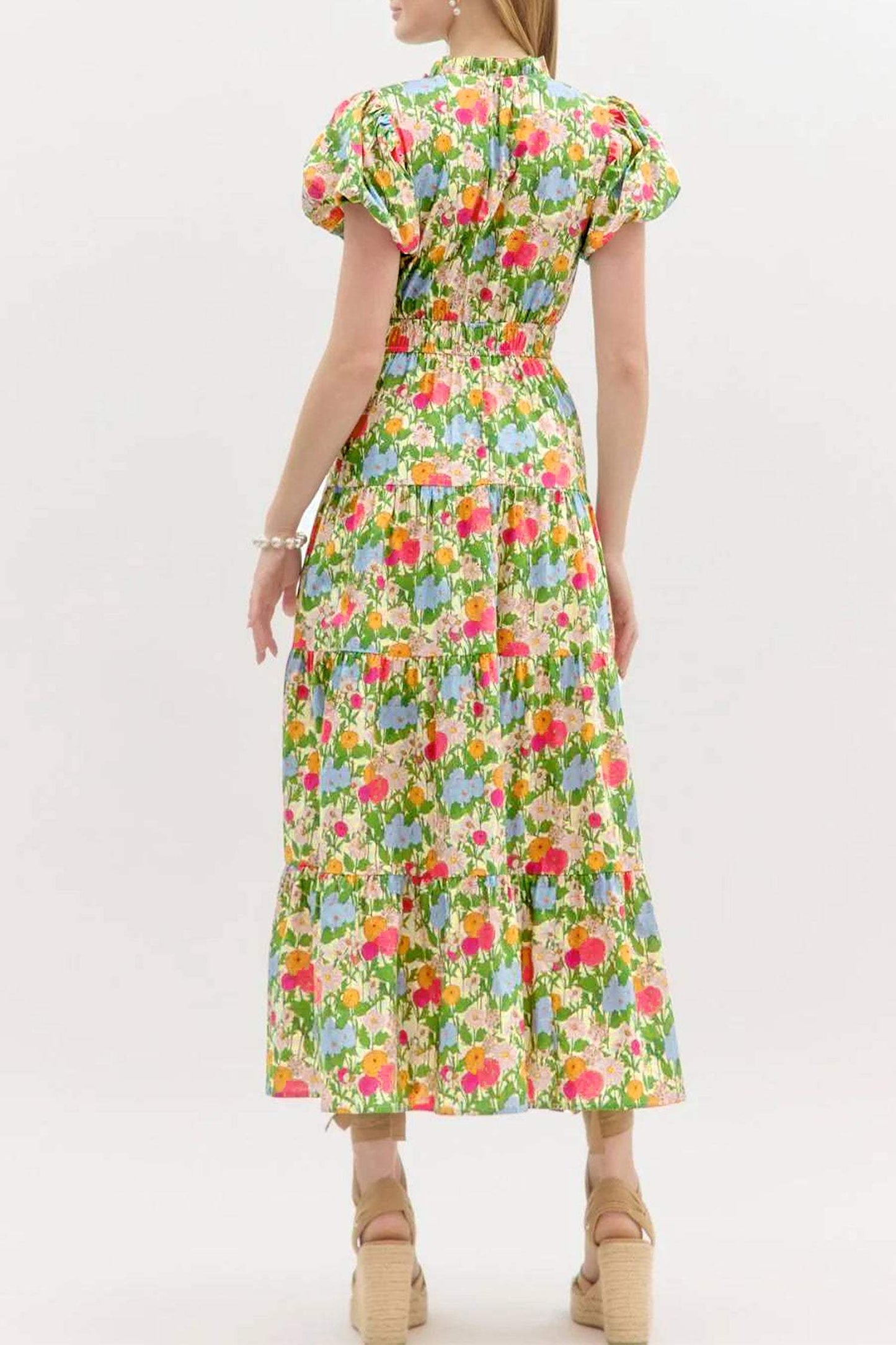 Green Floral Print V Neck Short Puff Sleeve Cotton Maxi Dress