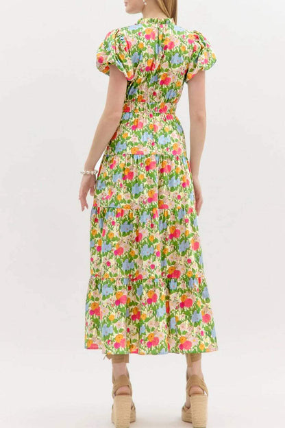Green Floral Print V Neck Short Puff Sleeve Cotton Maxi Dress