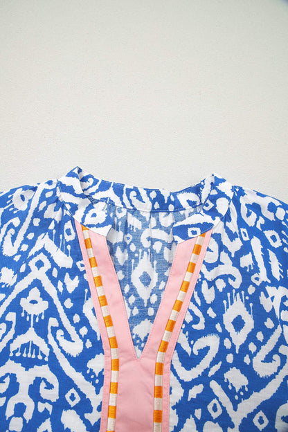 Blue Western Fashion Print Striped Color Block Patchwork Shift Mini Dress
