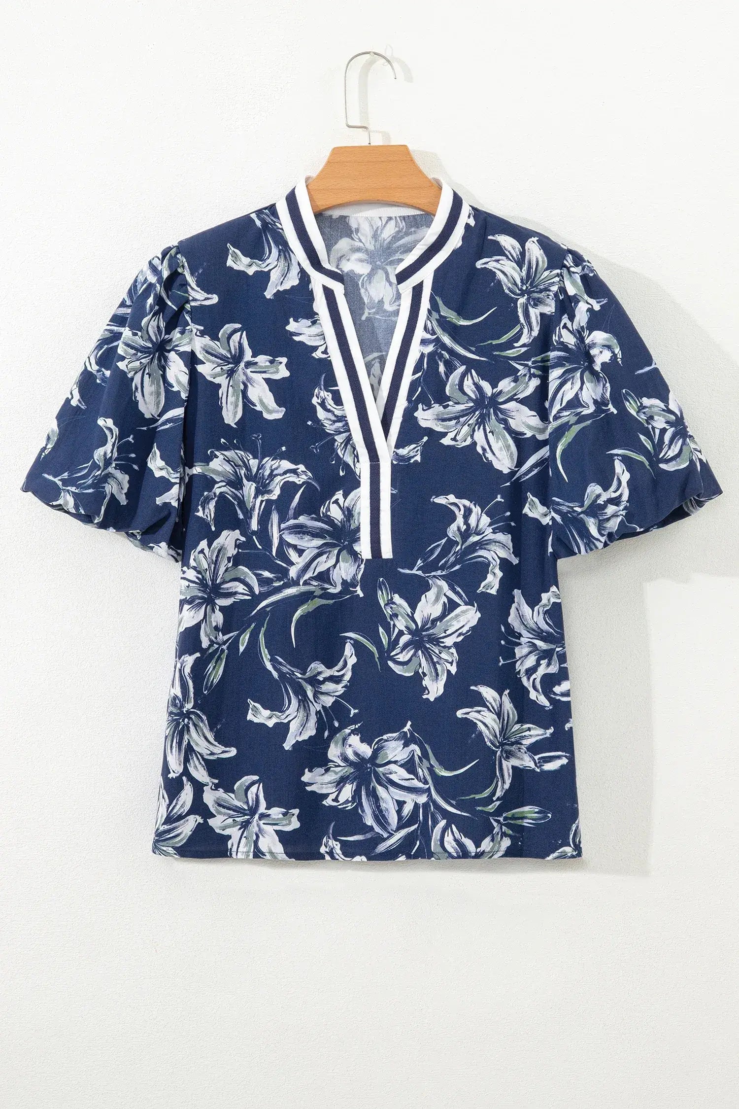 Blue Floral Print Short Puff Sleeve Striped Trim V Neck Blouse - Sweet Fashion Wholesale