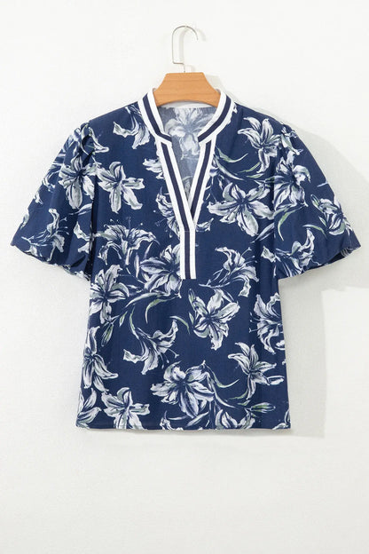 Blue Floral Print Short Puff Sleeve Striped Trim V Neck Blouse - Sweet Fashion Wholesale