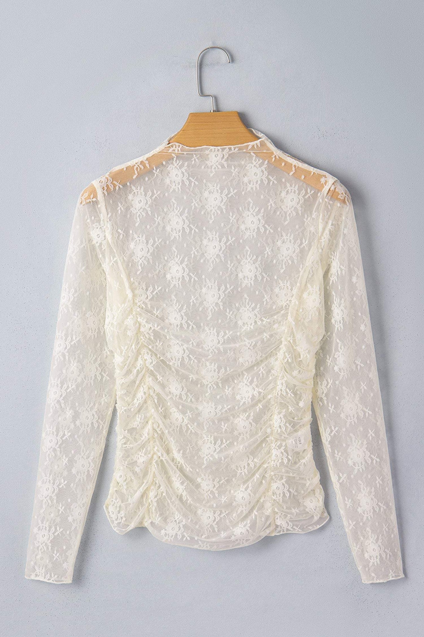 Jet Stream Sheer Floral Mesh Ruched Long Sleeve Top