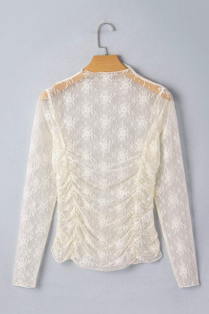 Jet Stream Sheer Floral Mesh Ruched Long Sleeve Top