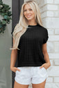 Black Solid Color Round Neck Textured Short Sleeve Sweater - Sweet Fashion Wholesale
