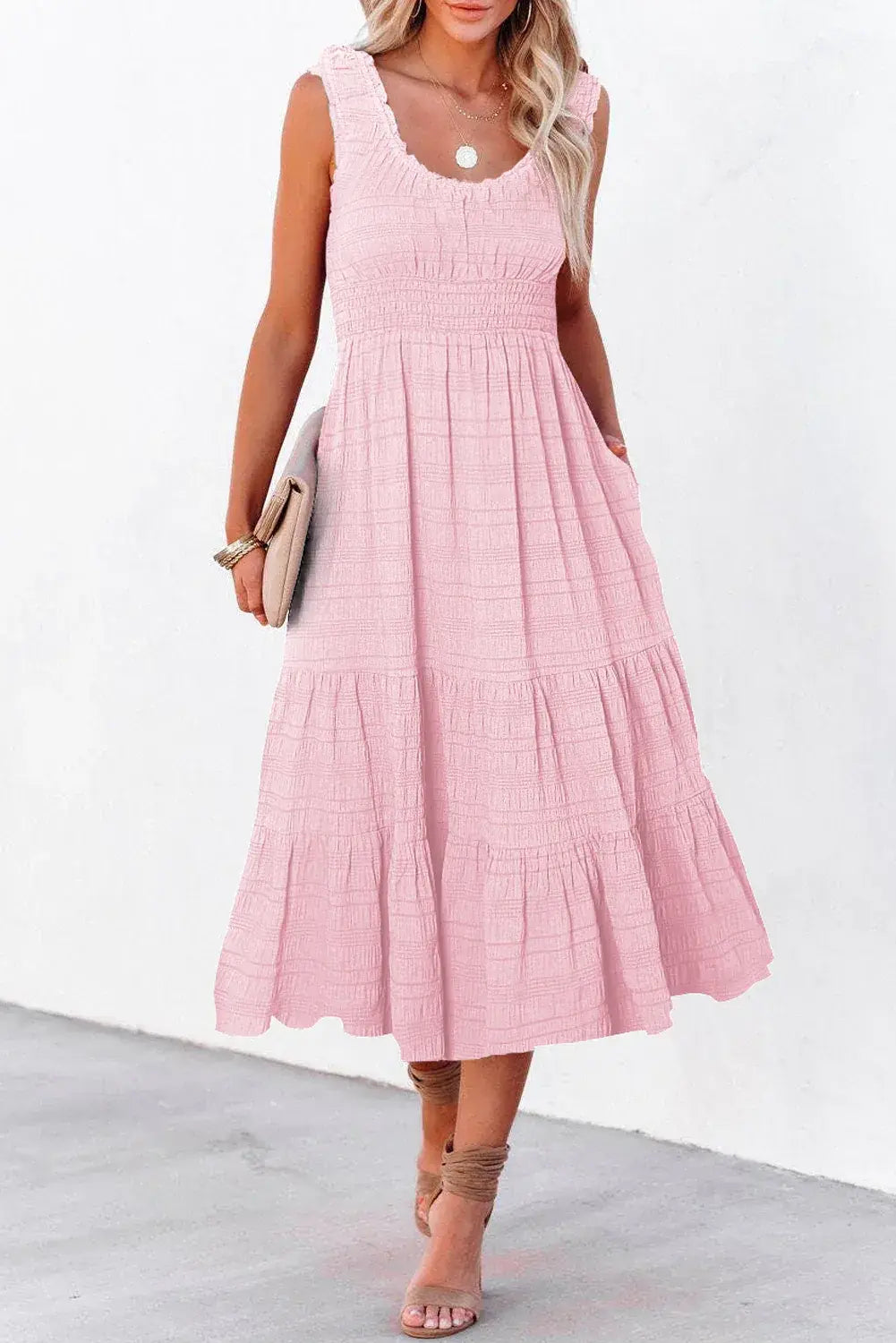 Black Shirred Pleated Square Neck Sleeveless Midi Dress - Sweet Fashion Wholesale