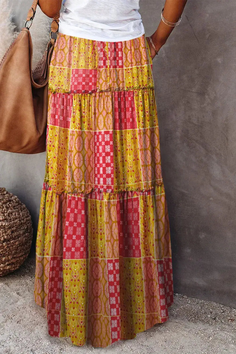 Orange Tiered Paisley Print Pocketed Maxi Skirt - Sweet Fashion Wholesale