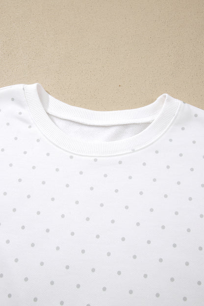 White Polka Dot Print Side Stripe Detail Casual Sweatshirt 2pcs Short Set