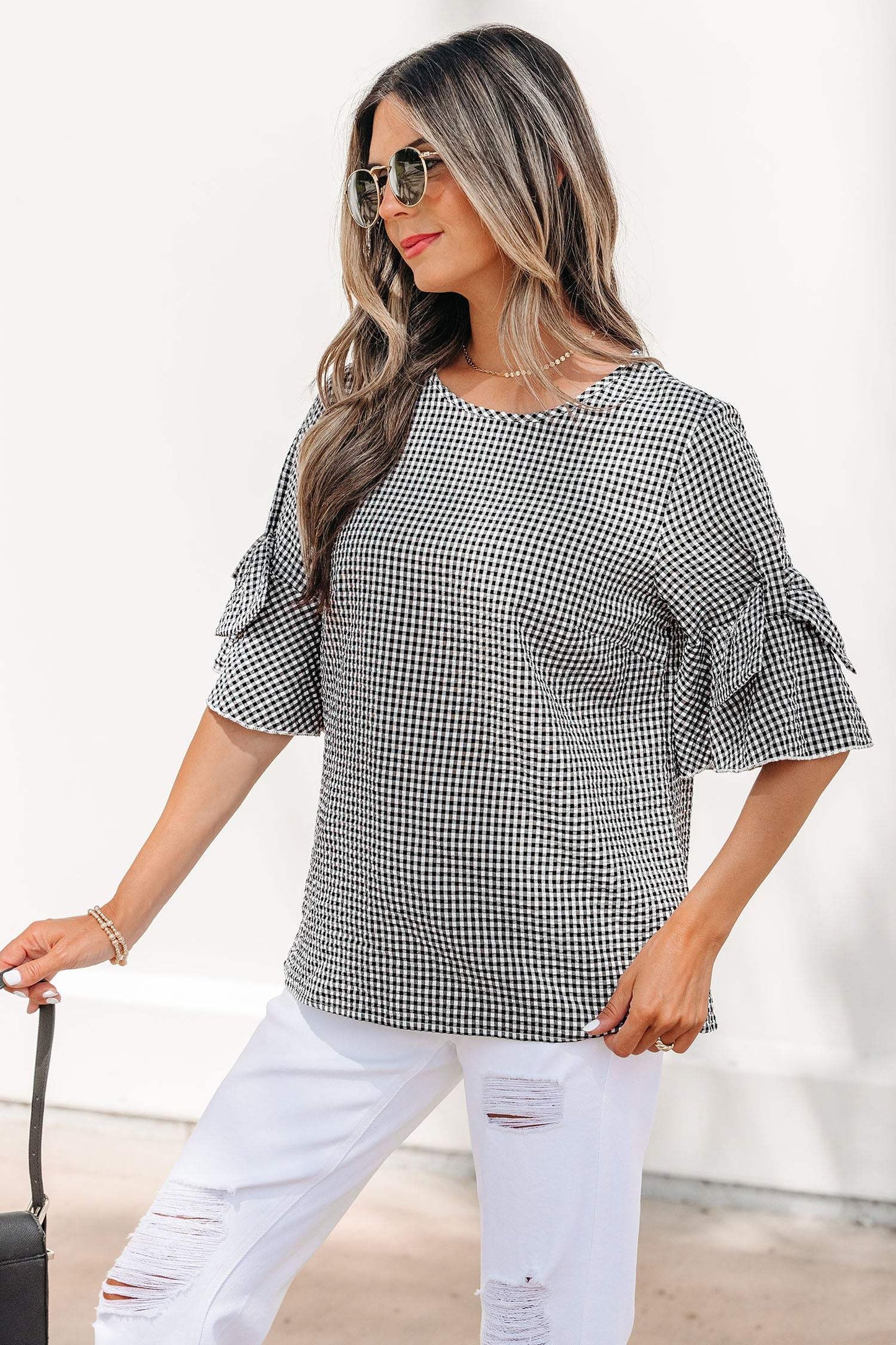 Black Plaid Bow Ruffled Half Sleeve Round Neck Blouse
