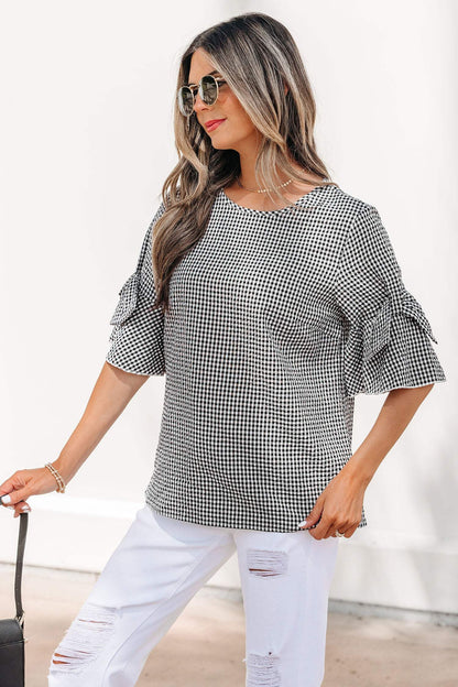 Black Plaid Bow Ruffled Half Sleeve Round Neck Blouse
