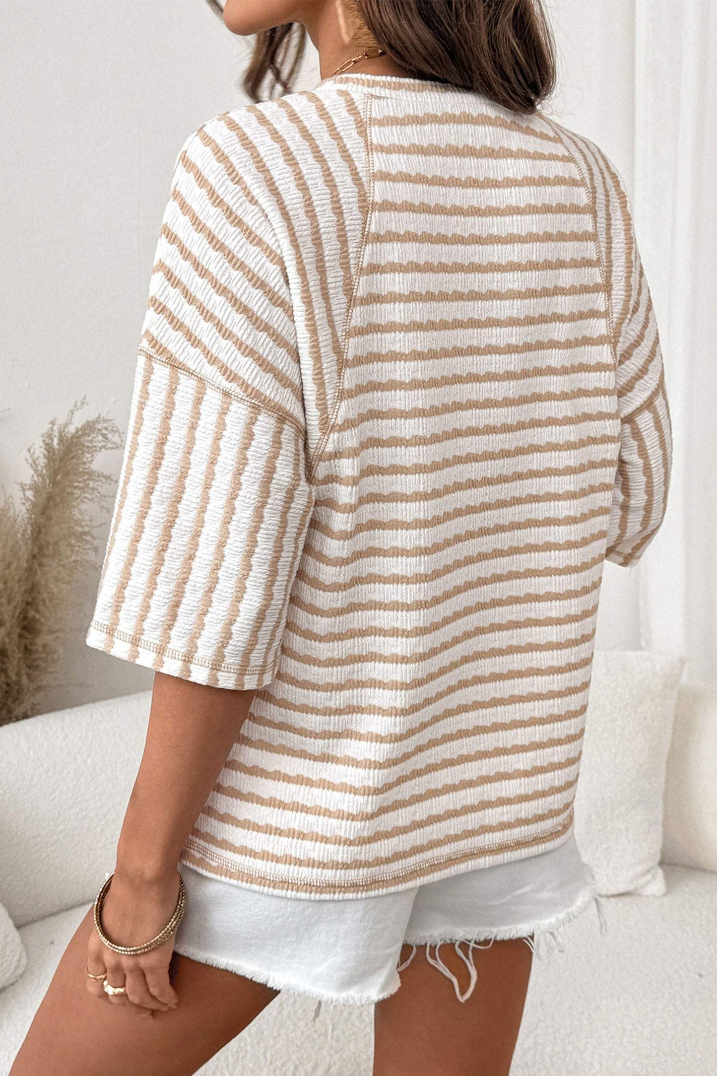 Brown Stripe Textured Knit Split Hem Half Sleeve Loose Top