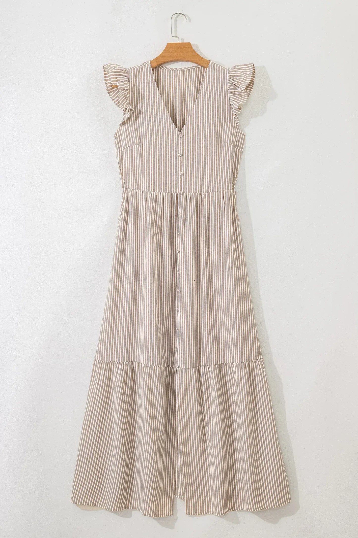 Khaki Stripe Flutter Sleeve Buttoned Front Slit Maxi Dress - Sweet Fashion Wholesale