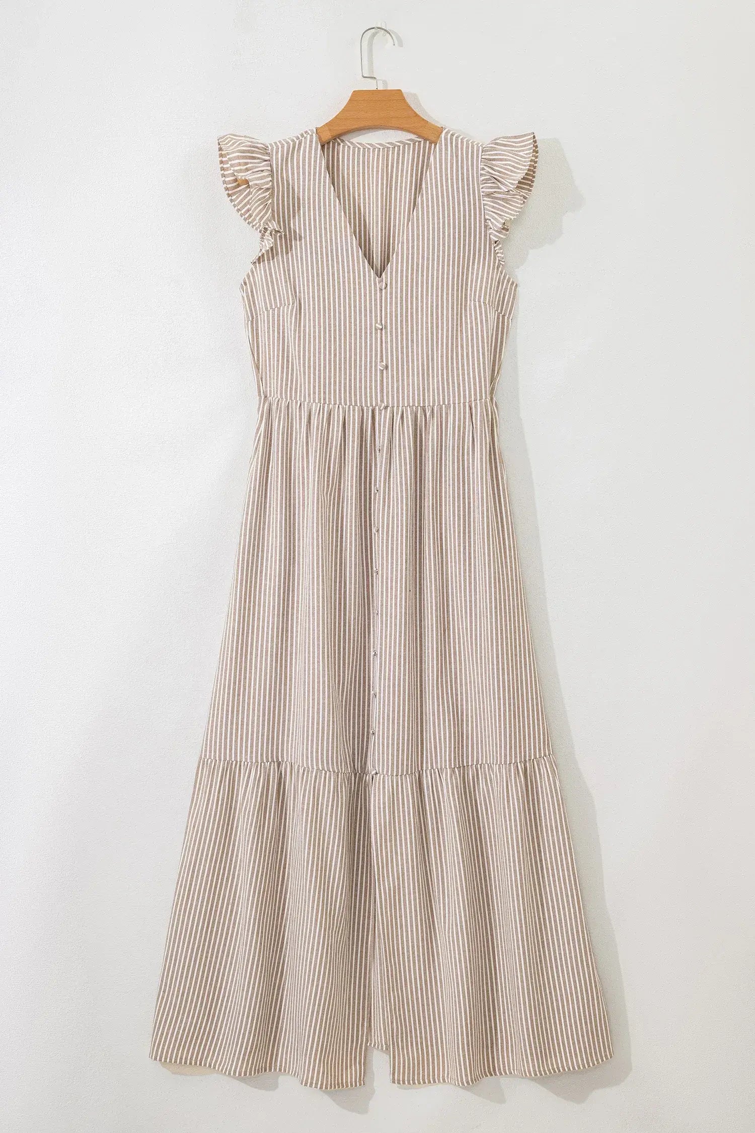 Khaki Stripe Flutter Sleeve Buttoned Front Slit Maxi Dress - Sweet Fashion Wholesale