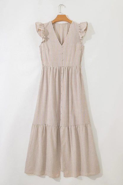 Khaki Stripe Flutter Sleeve Buttoned Front Slit Maxi Dress - Sweet Fashion Wholesale