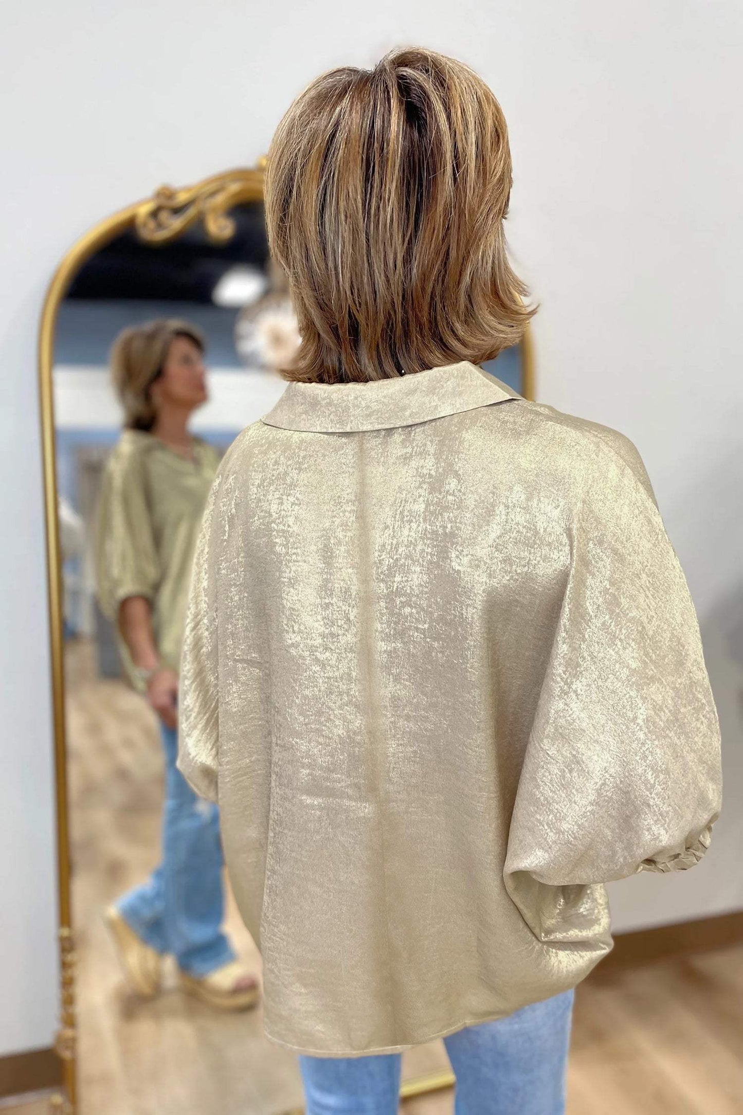 Clearly Aqua Collared V Neck Half Sleeve Metallic Top