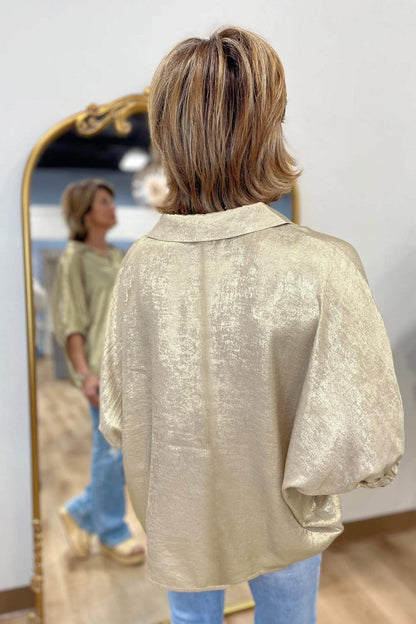 Clearly Aqua Collared V Neck Half Sleeve Metallic Top