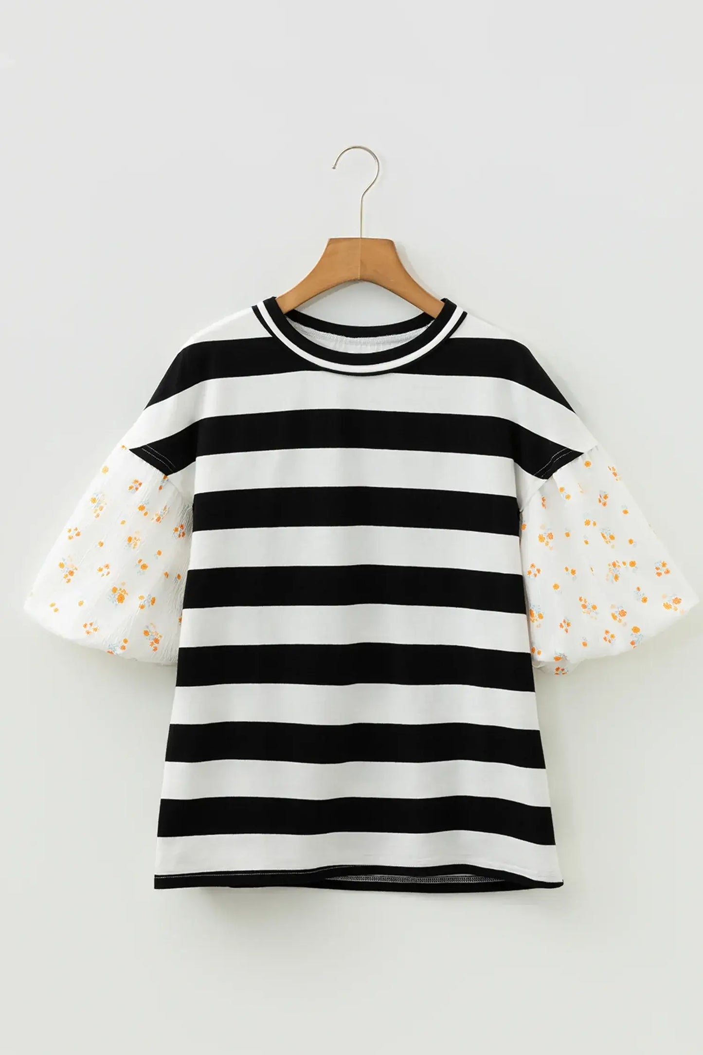 Black Stripe Floral Print Puff Sleeve Patchwork Blouse - Sweet Fashion Wholesale