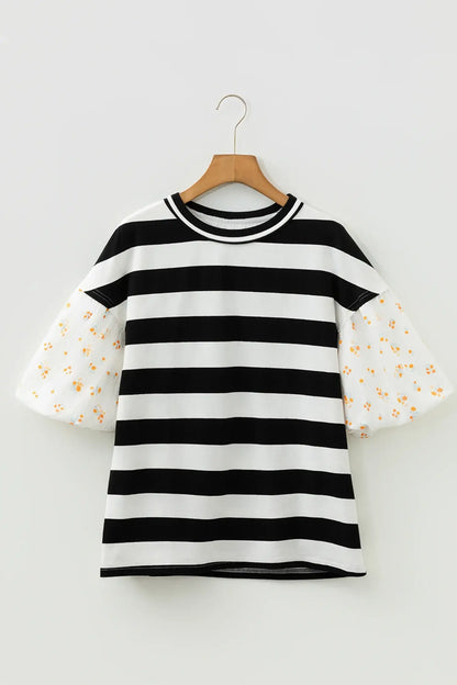 Black Stripe Floral Print Puff Sleeve Patchwork Blouse - Sweet Fashion Wholesale
