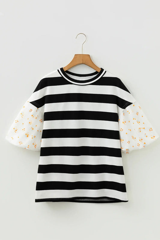 Black Stripe Floral Print Puff Sleeve Patchwork Blouse - Sweet Fashion Wholesale