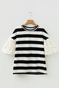 Black Stripe Floral Print Puff Sleeve Patchwork Blouse - Sweet Fashion Wholesale