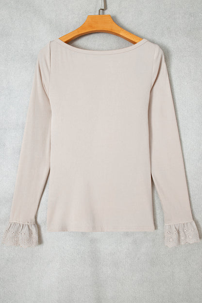 Jet Stream Lace Cuff Patchwork Round Neck Long Sleeve Top