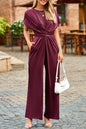 Burgundy Solid Color Cap Sleeve Knot Waist Shift Jumpsuit - Sweet Fashion Wholesale