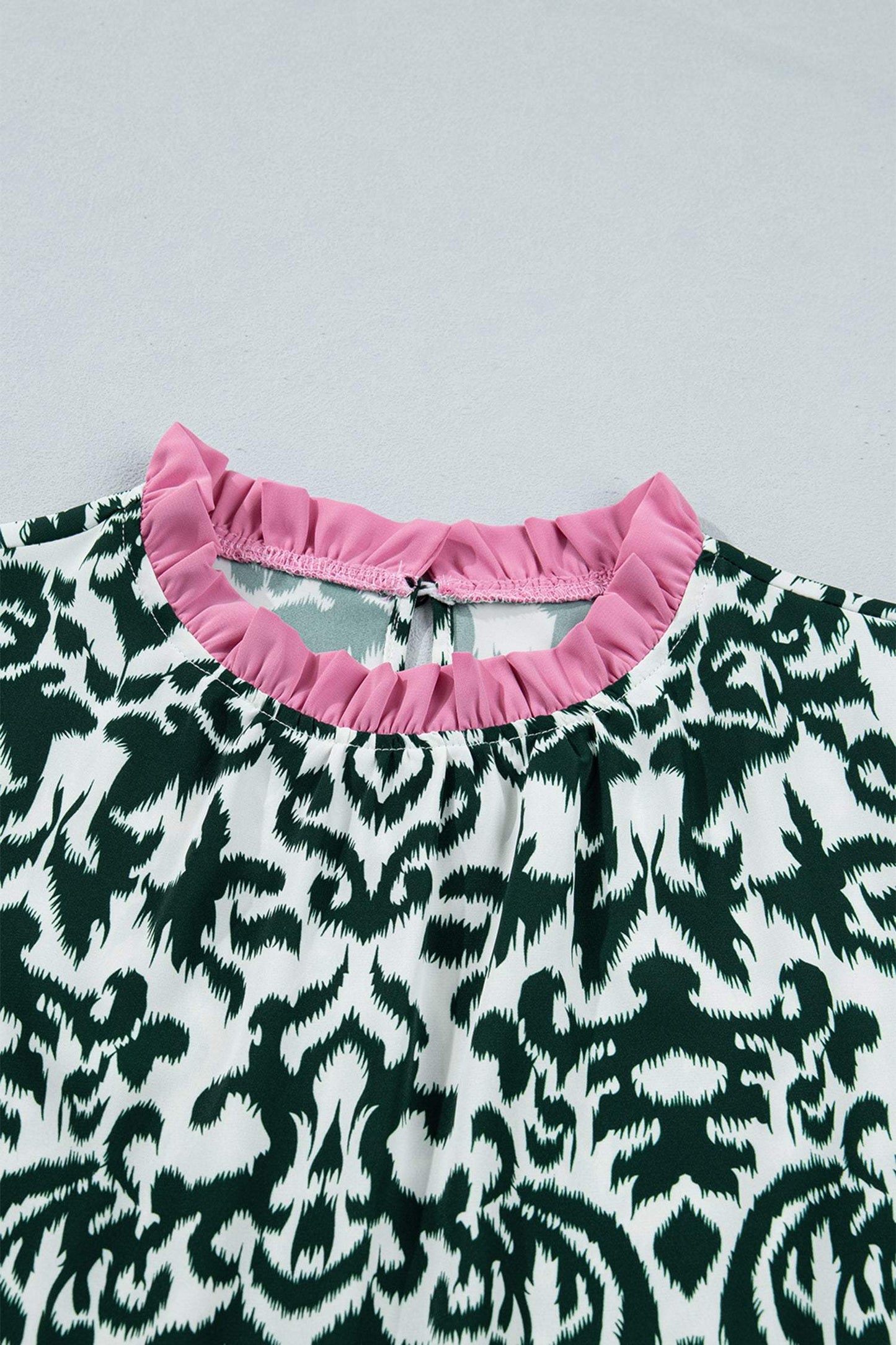 Green Damask Print Ruffled Color Block Detail Half Sleeve Blouse