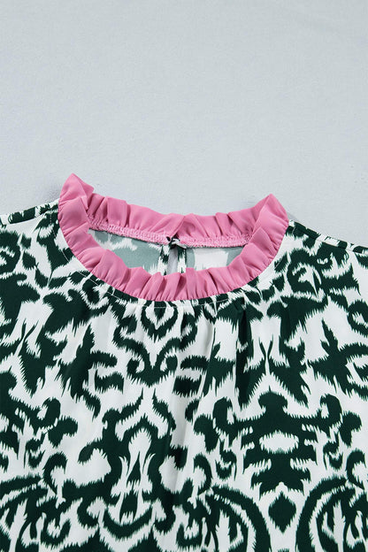 Green Damask Print Ruffled Color Block Detail Half Sleeve Blouse
