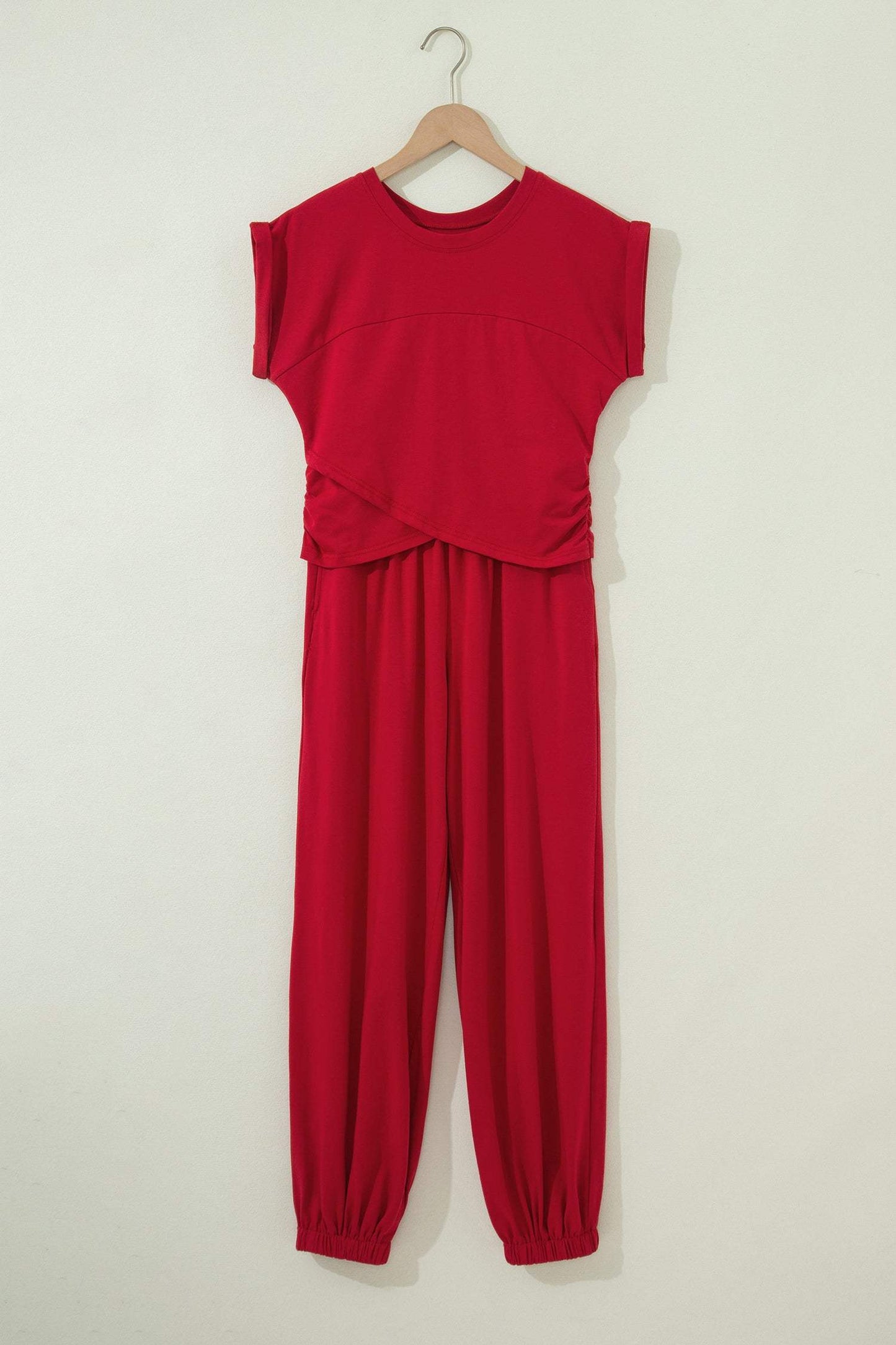 Racing Red Solid Color Cropped Tank Top and Jogger Pants Set
