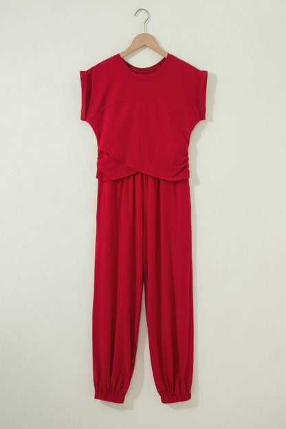 Racing Red Solid Color Cropped Tank Top and Jogger Pants Set