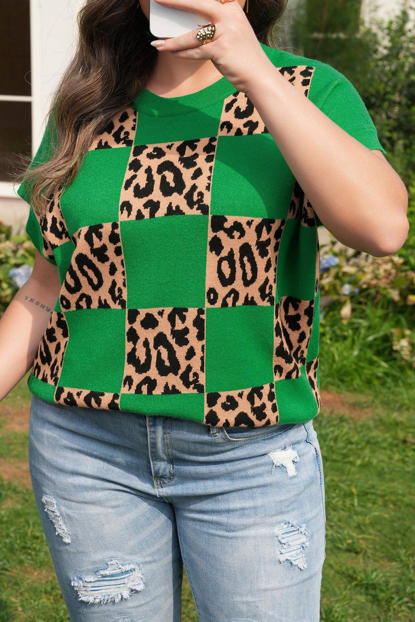 Red Plus Size Leopard Contrasted Checkered Short Sleeve Sweater - Sweet Fashion Wholesale