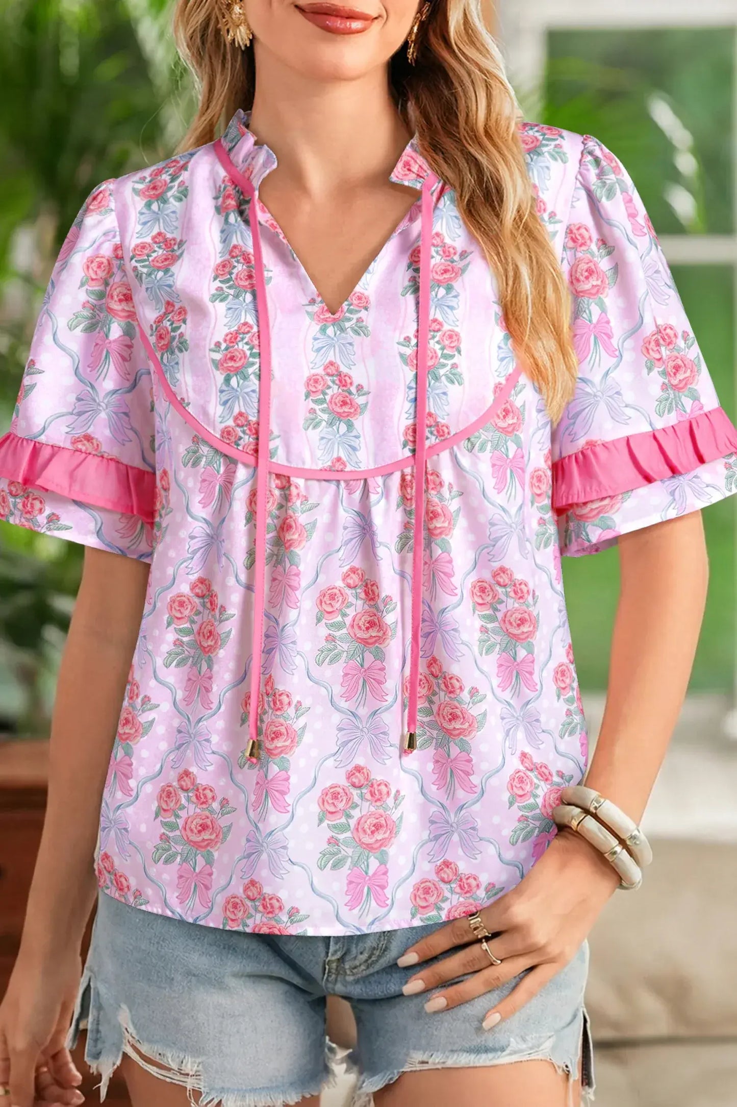 Purple Coquette Floral Bow Printed Contrast Ruffled Short Sleeve Blouse - Sweet Fashion Wholesale