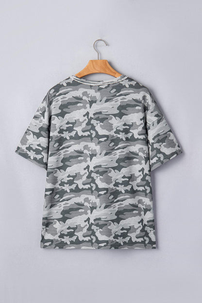 Green Retro Camouflage Print Raw Edge V Neck Tee
