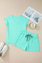 Sachet Pink V Neck Short Sleeve Top Drawstring Shorts 2pcs Set