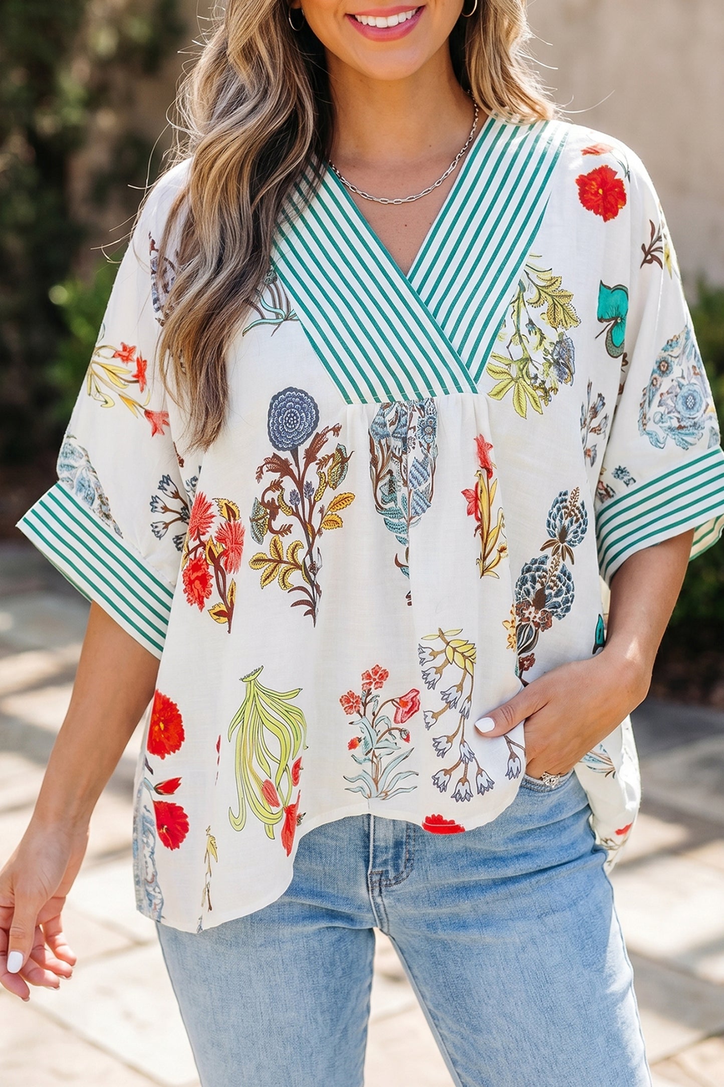 Beige Floral Print Striped Contrast Trim V Neck Half Sleeve Blouse
