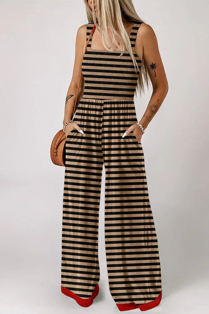 Brown Stripe Square Neck Shirred Wide Leg Jumpsuit - Sweet Fashion Wholesale