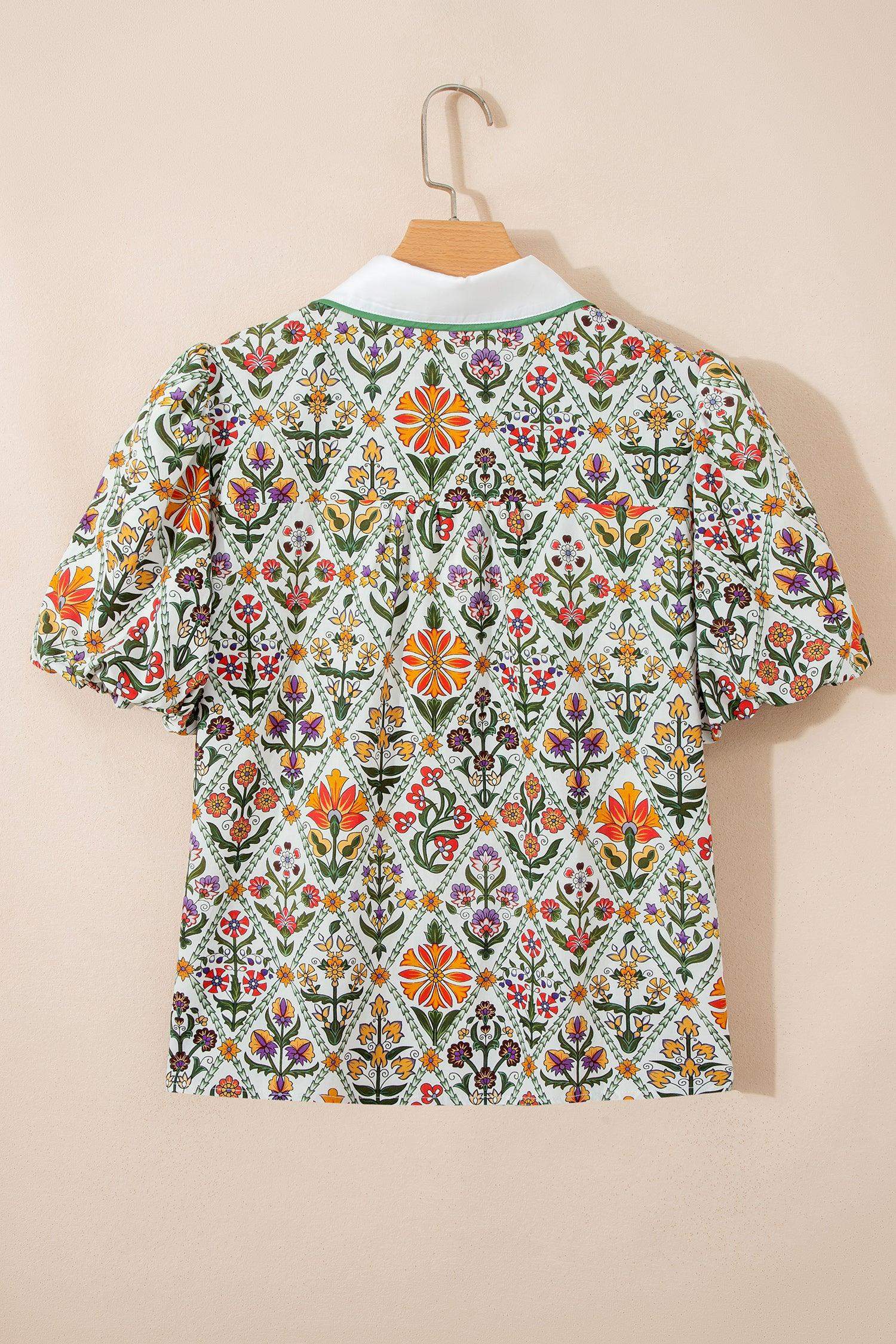 Green Short Bubble Sleeve Floral Shirt - Sweet Fashion Wholesale