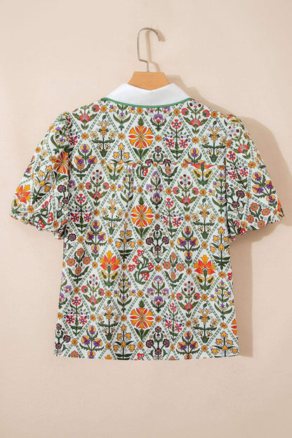 Green Short Bubble Sleeve Floral Shirt - Sweet Fashion Wholesale